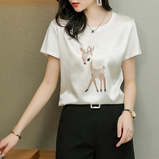 时尚圆领短袖，桑蚕丝小鹿印花白色上衣HR-WX21709 商品图1