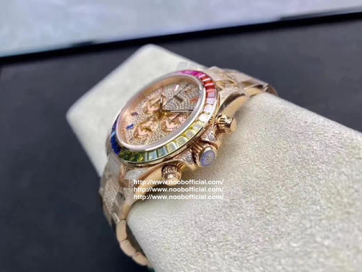 noob劳力士 蚝式恒动宇宙计型 迪通拿 满钻 彩虹迪腕表，神秘且熠熠生辉为这款经典赛车计时带来独具创意的崭新面貌，华丽夺目的外圈以36颗梯形钻石代替经典的测速计时圈 商品图9