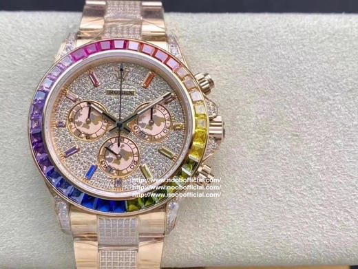 noob劳力士 蚝式恒动宇宙计型 迪通拿 满钻 彩虹迪腕表，神秘且熠熠生辉为这款经典赛车计时带来独具创意的崭新面貌，华丽夺目的外圈以36颗梯形钻石代替经典的测速计时圈 商品图2