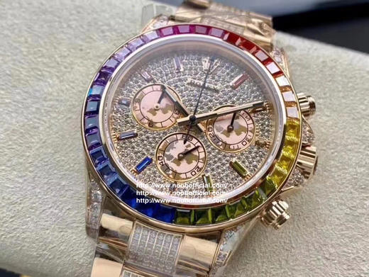 noob劳力士 蚝式恒动宇宙计型 迪通拿 满钻 彩虹迪腕表，神秘且熠熠生辉为这款经典赛车计时带来独具创意的崭新面貌，华丽夺目的外圈以36颗梯形钻石代替经典的测速计时圈 商品图7
