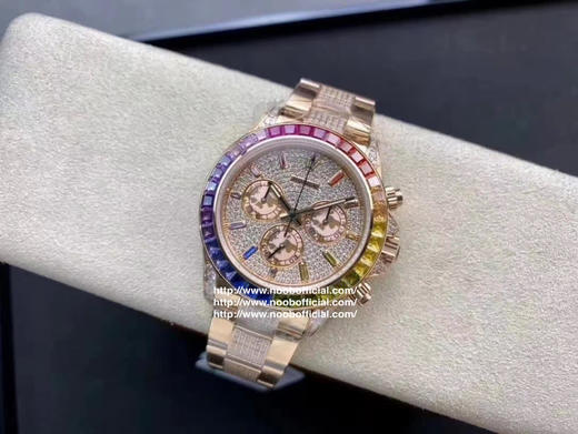 noob劳力士 蚝式恒动宇宙计型 迪通拿 满钻 彩虹迪腕表，神秘且熠熠生辉为这款经典赛车计时带来独具创意的崭新面貌，华丽夺目的外圈以36颗梯形钻石代替经典的测速计时圈 商品图6