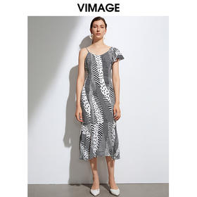 VIMAGE纬漫纪夏季优雅斜肩吊带鱼尾裙摆显瘦连衣裙VB2107144连衣裙