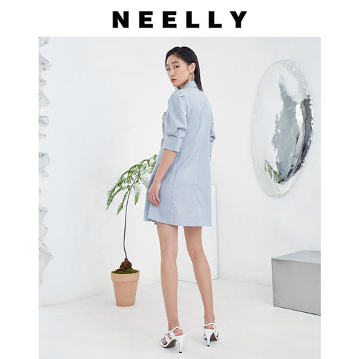 NEELLY/纳俪气质女团风西装领泡泡袖收腰显瘦双排扣A字短裙连衣裙 商品图4