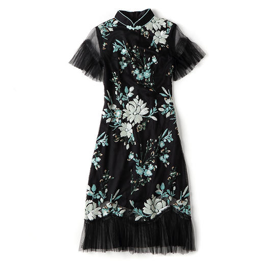 上海旗袍厂AYK-642487630967绣亮片拼接纱网压褶鱼尾旗袍裙改良复古时尚旗袍女2021夏新品女装 商品图4