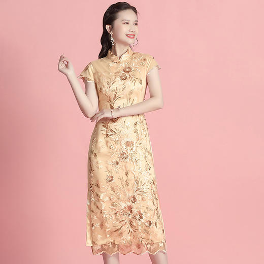 上海旗袍厂AYK-642828055161纱网拼刺绣亮片改良长款旗袍连衣裙时尚A字裙2021夏新品复古女装 商品图0