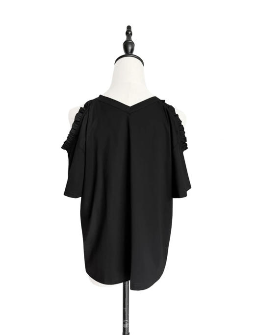 TYNVIE 露肩花边装饰短袖T恤 - 黑色 商品图3