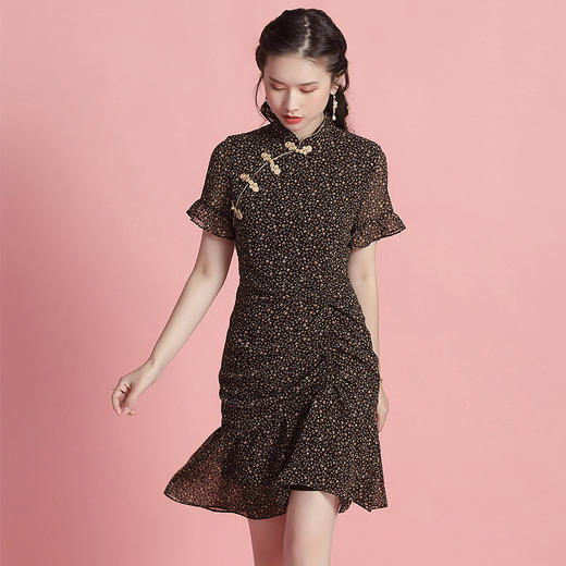 上海旗袍厂AYK-QF-210177雪纺小碎花改良旗袍立领时尚连衣裙不规则裙摆修身旗袍夏季女装 商品图1