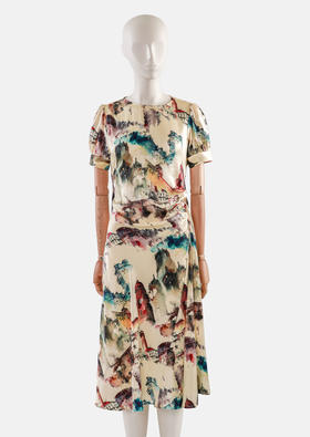 蓝色小波点灯笼短袖侧加折女人味连衣裙