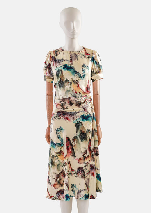 蓝色小波点灯笼短袖侧加折女人味连衣裙 商品图0