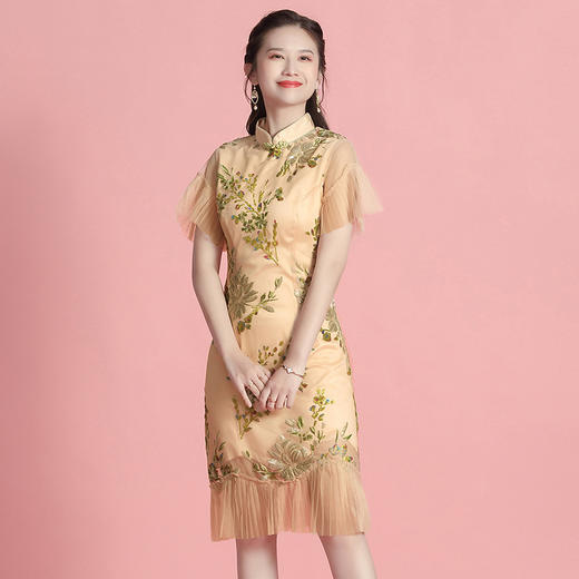 上海旗袍厂AYK-642487630967绣亮片拼接纱网压褶鱼尾旗袍裙改良复古时尚旗袍女2021夏新品女装 商品图1