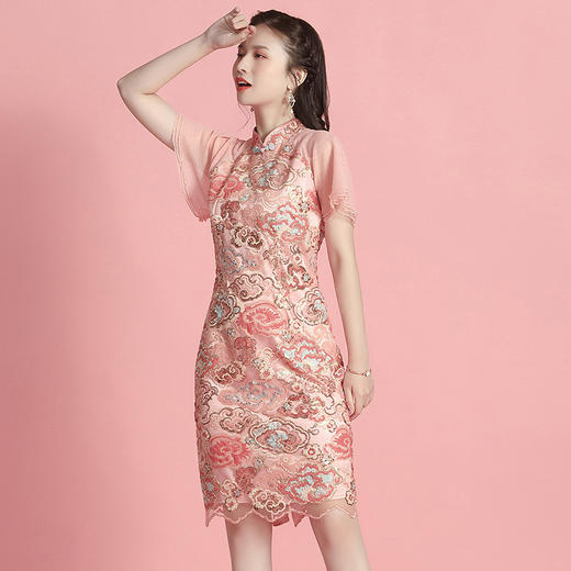上海旗袍厂AYK-QF-201218云朵亮片改良旗袍裙修身短款拼接短袖立领连衣裙新品时尚夏季女装 商品图2