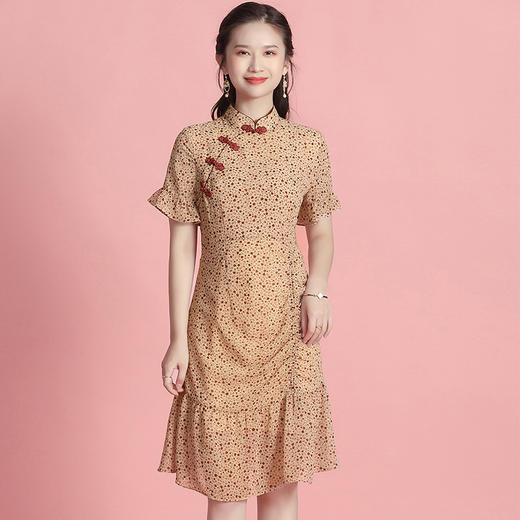 上海旗袍厂AYK-QF-210177雪纺小碎花改良旗袍立领时尚连衣裙不规则裙摆修身旗袍夏季女装 商品图0