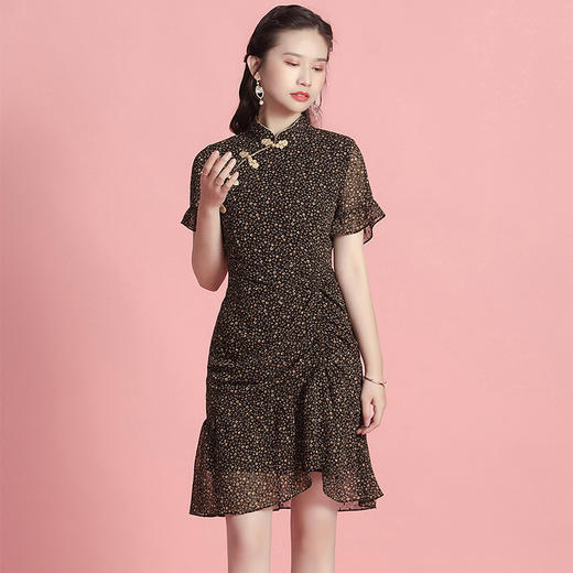 上海旗袍厂AYK-QF-210177雪纺小碎花改良旗袍立领时尚连衣裙不规则裙摆修身旗袍夏季女装 商品图2