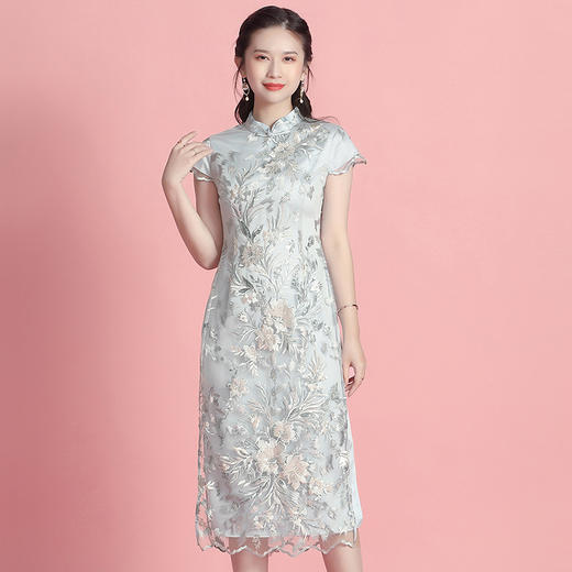 上海旗袍厂AYK-642828055161纱网拼刺绣亮片改良长款旗袍连衣裙时尚A字裙2021夏新品复古女装 商品图2