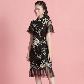 上海旗袍厂AYK-642487630967绣亮片拼接纱网压褶鱼尾旗袍裙改良复古时尚旗袍女2021夏新品女装