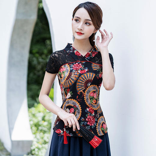 拼接民族风，短袖印花T恤修身棉麻上衣YMF-6389 商品图4