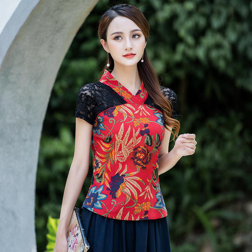 拼接民族风，短袖印花T恤修身棉麻上衣YMF-6389 商品图0