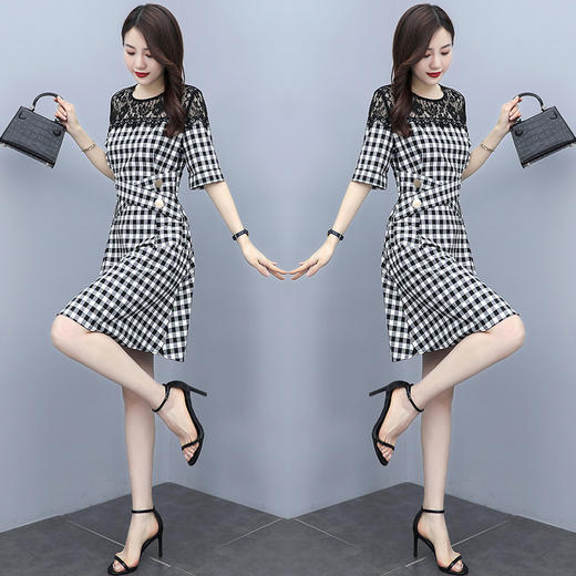 HR  WA21169气质减龄收腰蕾丝拼接格子连衣裙 商品图2