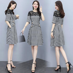 HR  WA21169气质减龄收腰蕾丝拼接格子连衣裙
