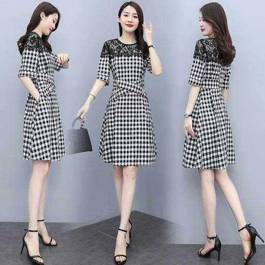 HR  WA21169气质减龄收腰蕾丝拼接格子连衣裙 商品图0
