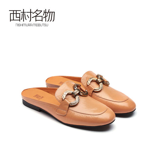 西村名物2021春新款真皮牛皮包头金属扣平底外穿半拖拖鞋潮T21AH14991 商品图3