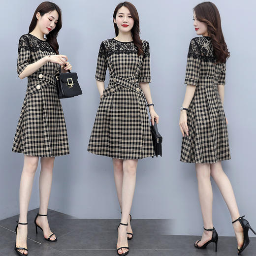 HR  WA21169气质减龄收腰蕾丝拼接格子连衣裙 商品图1