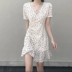 新款爆款女神同款甜美碎花不规则抽绳连衣裙设计感休闲V领短袖早春新款裙子潮七夕情人节