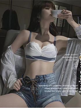 新款爆款内衣内裤文胸女神同款内衣女小胸聚拢显大无钢圈收副乳防下垂无肩带薄款文胸罩套装夏季