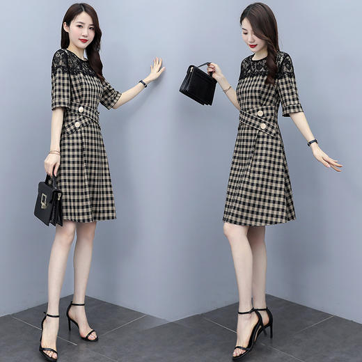 HR  WA21169气质减龄收腰蕾丝拼接格子连衣裙 商品图3