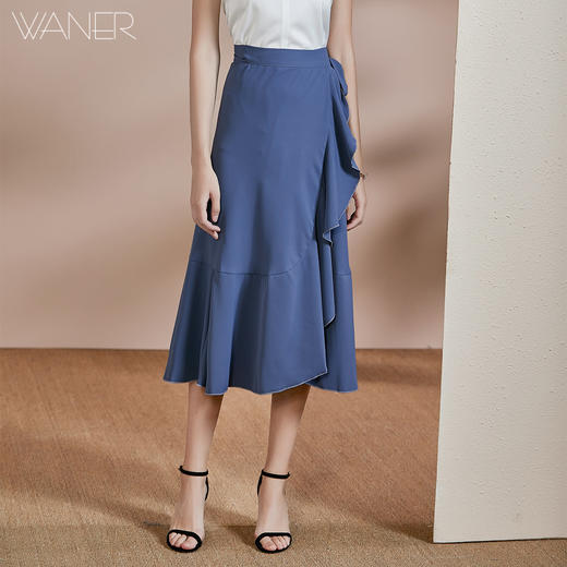 剩S/M 皖儿 夏装新款气质一片式荷叶边系带收腰不对称a字半身裙2471 商品图3