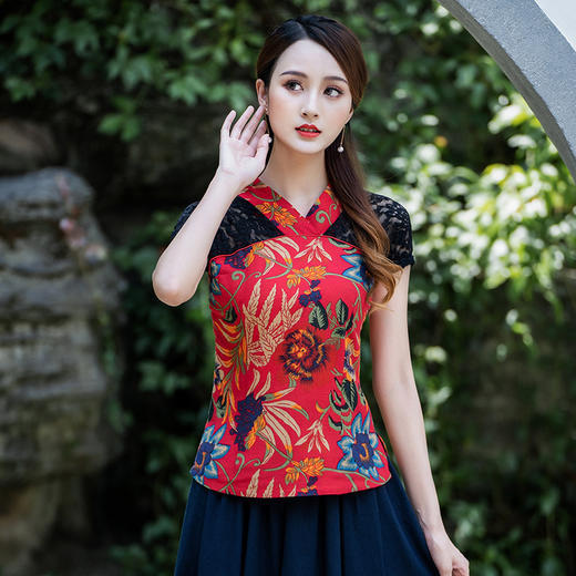 拼接民族风，短袖印花T恤修身棉麻上衣YMF-6389 商品图1