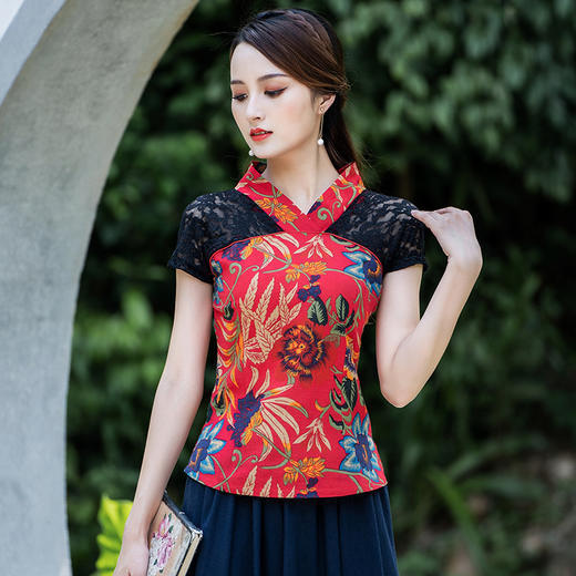 拼接民族风，短袖印花T恤修身棉麻上衣YMF-6389 商品图2