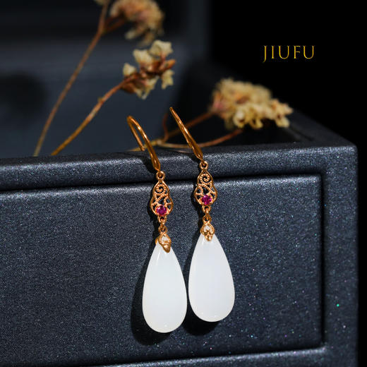 18K玫瑰金和田玉（白玉）耳饰--福流长 /双面水滴19*9*6mm/总长43mm 商品图1