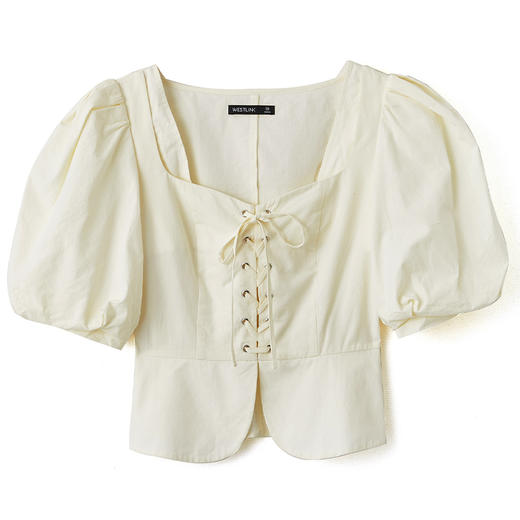 西遇泡泡袖衬衫2021新款法式复古绑带性感露锁骨短款上衣10910632 商品图4