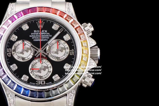 Noob劳力士 彩虹迪 蚝式恒动宇宙计型迪通拿：外圈镶嵌彩虹渐变色蓝宝石，代替了经典的测速外圈，表耳及表冠护肩镶嵌56颗圆形切割钻石每一道工序精制严谨确保角度颜色与原版一样光彩夺目 商品图8