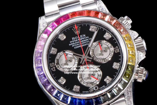 Noob劳力士 彩虹迪 蚝式恒动宇宙计型迪通拿：外圈镶嵌彩虹渐变色蓝宝石，代替了经典的测速外圈，表耳及表冠护肩镶嵌56颗圆形切割钻石每一道工序精制严谨确保角度颜色与原版一样光彩夺目 商品图1