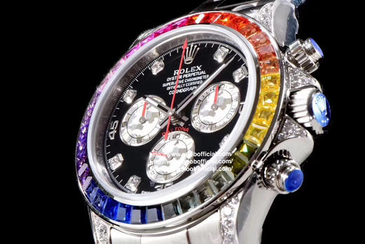 Noob劳力士 彩虹迪 蚝式恒动宇宙计型迪通拿：外圈镶嵌彩虹渐变色蓝宝石，代替了经典的测速外圈，表耳及表冠护肩镶嵌56颗圆形切割钻石每一道工序精制严谨确保角度颜色与原版一样光彩夺目 商品图3