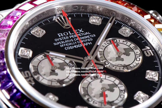Noob劳力士 彩虹迪 蚝式恒动宇宙计型迪通拿：外圈镶嵌彩虹渐变色蓝宝石，代替了经典的测速外圈，表耳及表冠护肩镶嵌56颗圆形切割钻石每一道工序精制严谨确保角度颜色与原版一样光彩夺目 商品图5