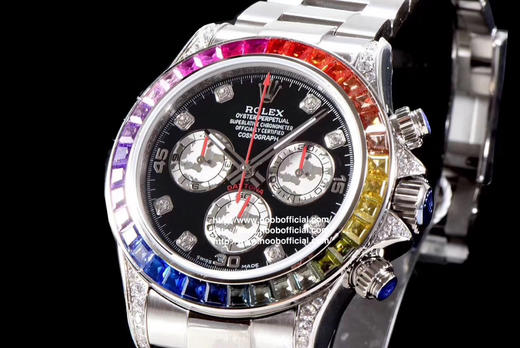 Noob劳力士 彩虹迪 蚝式恒动宇宙计型迪通拿：外圈镶嵌彩虹渐变色蓝宝石，代替了经典的测速外圈，表耳及表冠护肩镶嵌56颗圆形切割钻石每一道工序精制严谨确保角度颜色与原版一样光彩夺目 商品图2