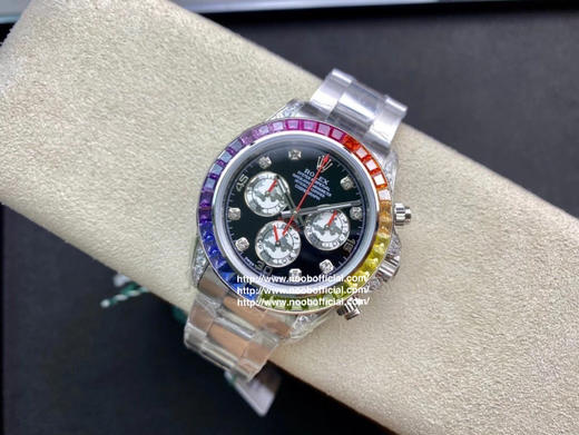 Noob劳力士 彩虹迪 蚝式恒动宇宙计型迪通拿：外圈镶嵌彩虹渐变色蓝宝石，代替了经典的测速外圈，表耳及表冠护肩镶嵌56颗圆形切割钻石每一道工序精制严谨确保角度颜色与原版一样光彩夺目 商品图14