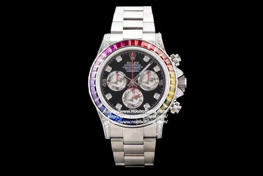 Noob劳力士 彩虹迪 蚝式恒动宇宙计型迪通拿：外圈镶嵌彩虹渐变色蓝宝石，代替了经典的测速外圈，表耳及表冠护肩镶嵌56颗圆形切割钻石每一道工序精制严谨确保角度颜色与原版一样光彩夺目 商品图0
