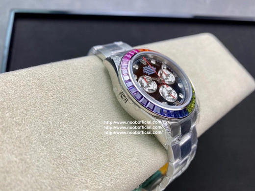 Noob劳力士 彩虹迪 蚝式恒动宇宙计型迪通拿：外圈镶嵌彩虹渐变色蓝宝石，代替了经典的测速外圈，表耳及表冠护肩镶嵌56颗圆形切割钻石每一道工序精制严谨确保角度颜色与原版一样光彩夺目 商品图11