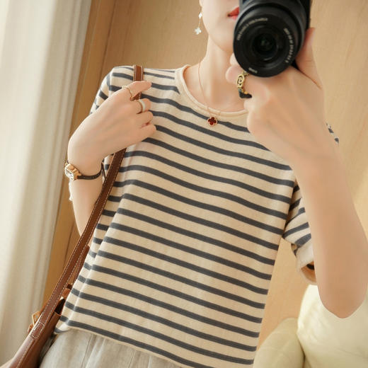 【清爽减龄 柔糯有型】棉麻针织条纹T恤  4色可选 商品图5