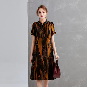 上海旗袍厂XT-21002-4真丝香云纱连衣裙 中长款重磅宽松桑蚕丝新款短袖衬衫领 大码女装