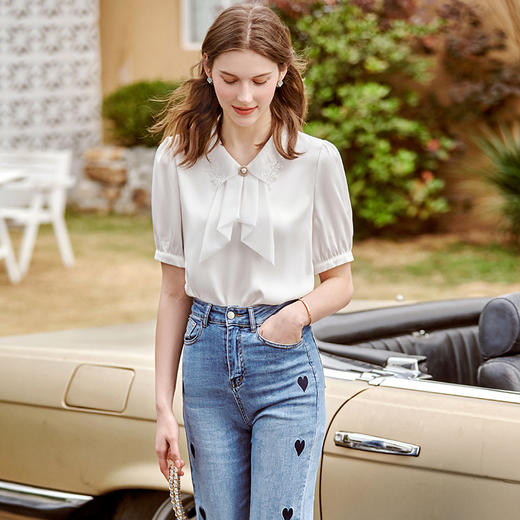 欧芮儿雪纺衬衫女2021新款法式蕾丝拼接领结泡泡袖设计感上衣 商品图0