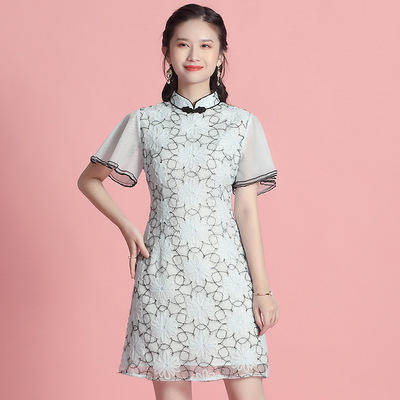 AYK- QF-201119 网纱黑丝花朵改良旗袍时尚短袖立领修身连衣裙2021夏新品国风 商品图2