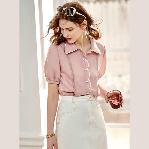 欧芮儿丝光棉衬衫女2021新款复古洋气泡泡袖刺绣宽松雪纺衫 商品图2