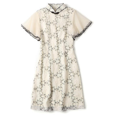 AYK- QF-201119 网纱黑丝花朵改良旗袍时尚短袖立领修身连衣裙2021夏新品国风 商品图4