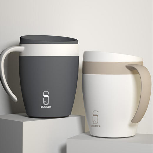 诗芙迪(SILVERDEW)不锈钢保温咖啡杯办公室水杯子男女黑色带手柄带盖330ml 商品图2