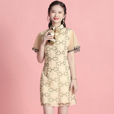 AYK- QF-201119 网纱黑丝花朵改良旗袍时尚短袖立领修身连衣裙2021夏新品国风 商品图0